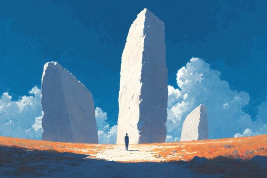 A person standing in front of a group of white stones with a blue sky and white clouds in the background. the person is standing on the ground and the stones are arranged in a circle around them.