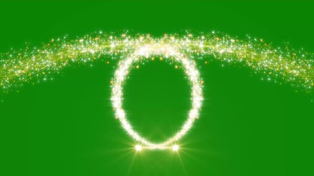 Symmetrical golden light flares creating a magical circular particle ring on green background