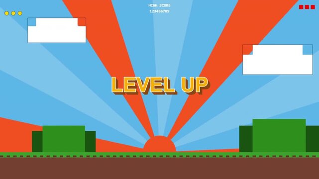 Retro 8-Bit Pixel Art Video Game Level Up Screen