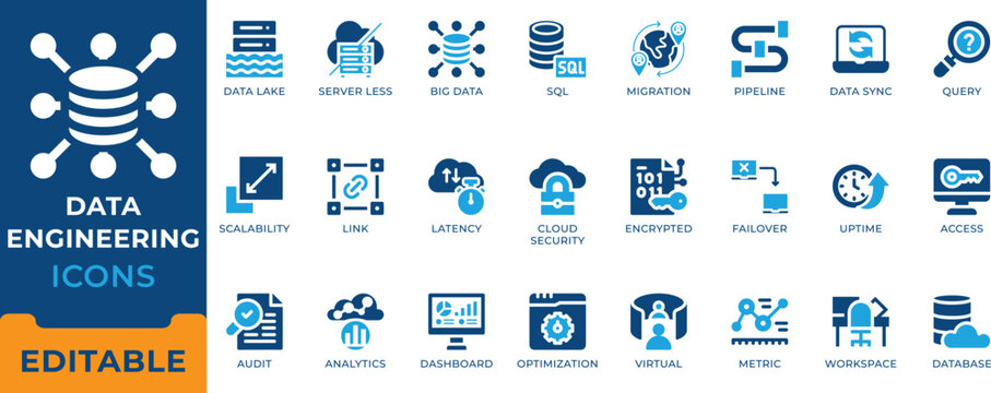Data Engineering Big Data Database SQL Icon Set - editable flat vectors for cloud security, analytics, and data lake