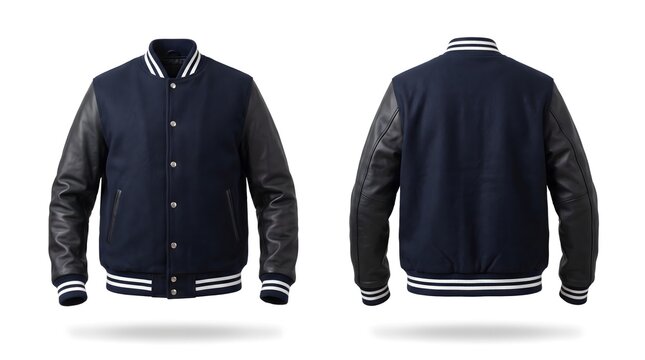 Two blank navy blue varsity jackets with leather sleeves floating on a white background studio