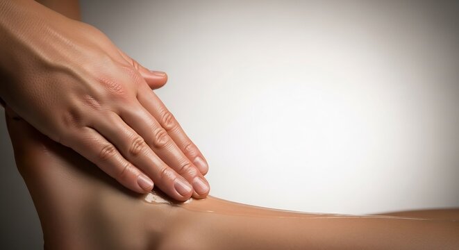 Hand applying cream to leg in skincare setting