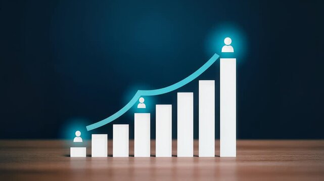 White Bar Chart with Arrow and People Icons Depicting Career Progression and Business Growth, Representing Corporate Ladder, Human Resources, and Success