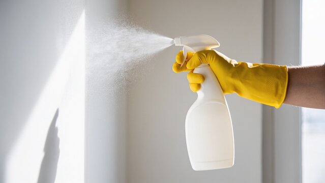 Person spraying cleaning solution on white wall for deep sanitization and hygiene