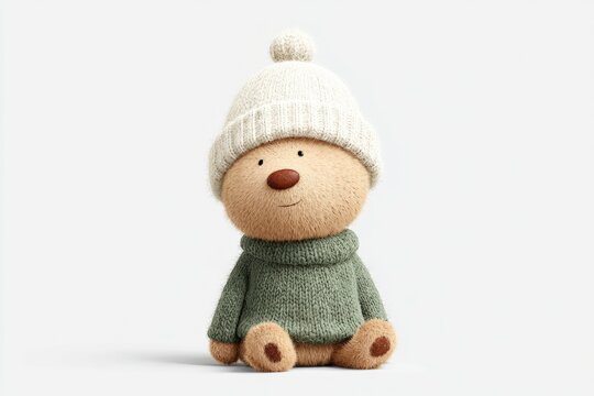 A small teddy bear wearing a green sweater and a white hat sitting on a white surface.