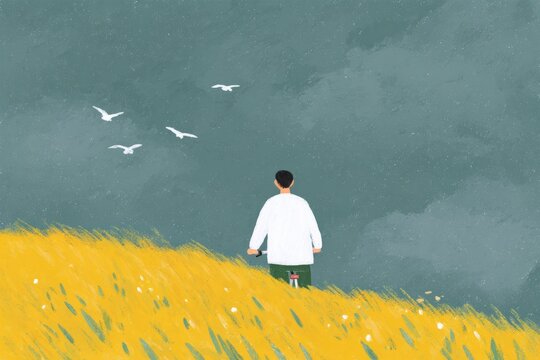 A man standing in a field of tall grass holding an object in his hand with a flock of birds flying in the sky above him.