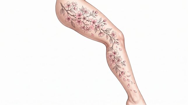 Sakura Blossom Flow Leg Tattoo Design