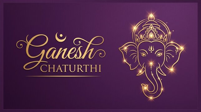Golden ganesh chaturthi text with crescent moon and ornate ganesh illustration on purple background