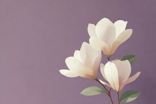 Three white magnolia flowers with green leaves on a purple background. the flowers have delicate petals and a vibrant hue and the leaves are a deep lush green.