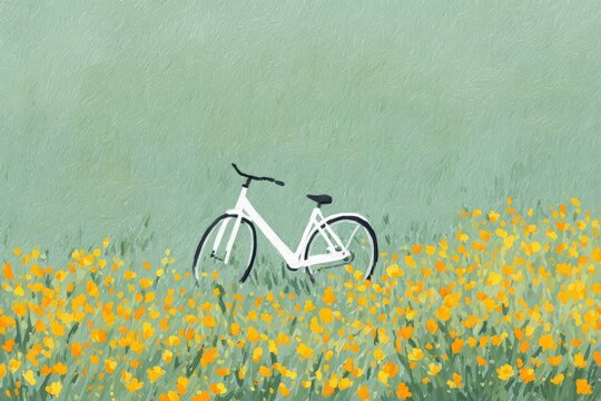 A white bicycle in a field of yellow flowers with a green background.