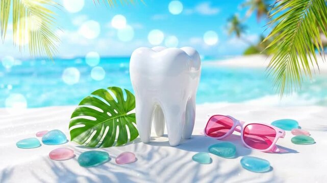 White tooth model on sandy beach with monstera leaf and pink sunglasses. Tropical dental health concept for summer vacation and oral hygiene