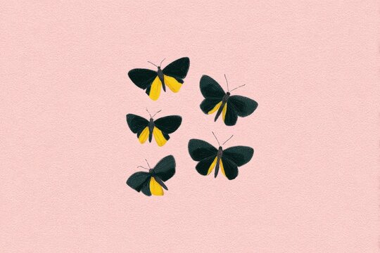 A group of five black and yellow butterflies flying in the air against a pink background. the butterflies are arranged in a symmetrical pattern creating a sense of balance and harmony.