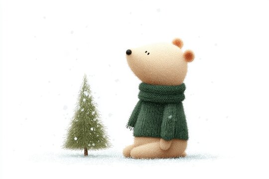 A teddy bear wearing a green scarf standing next to a small christmas tree in the snow.