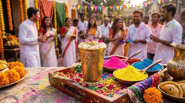 A group of people celebrate Holi, a Hindu festival of colors, outdoors. They are covered in vibrant powders of red, yellow, and blue. A large glass of milk, 