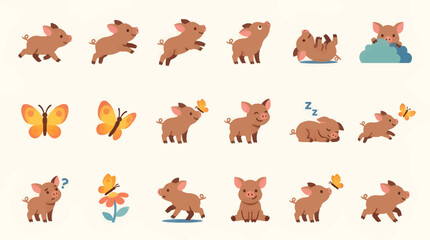 Obraz premium Playful Piglet Icon Sheet with Butterflies and Flower, Flat Design Vector Illustrations of Cute Pig Characters in Various Poses and Actions, Whimsical Farm Animal Graphics