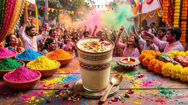 A vibrant and joyful scene captures a Holi celebration. A large crowd of people, predominantly young adults, are enthusiastically celebrating with colored powder. 