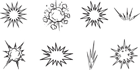 Obraz premium comic style explosion and action icons in black ink, Comic book explosion icons. Hand drawn ink blast shapes. Pop art action set