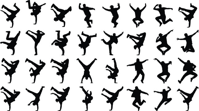 Big collection of breakdancer silhouettes featuring urban street dancers performing handstands and athletic freeze jumps