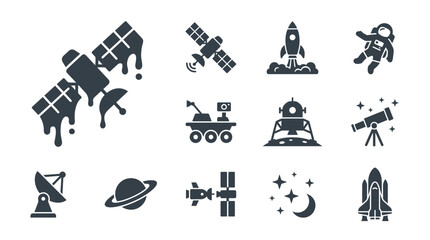 Clean Black and White Space Themed Icons Set Featuring Astronauts Rockets Spacecraft Telescopes and Planets © Sururi