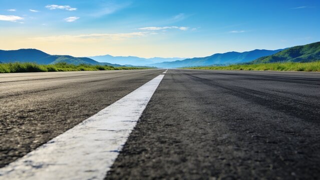 Empty highway stretching toward distant mountains under clear blue sky