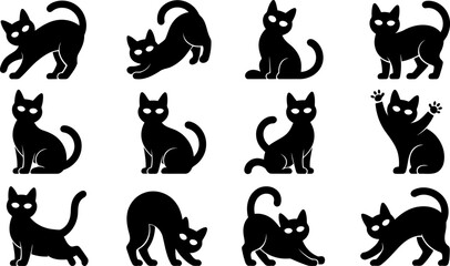 Black silhouette cats in various poses on white background © SAYEDAJANNATUL