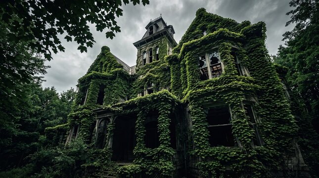 An old, abandoned mansion overgrown with green vines and surrounded by trees on a cloudy day.