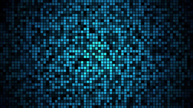 blue digital square matrix grid pixels flashing and glittering on dark screen background. Ideal for cybersecurity, abstract technology, hacker, and futuristic data concepts