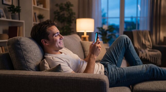 A man relaxing on a couch at home, smiling while using his smartphone in the evening.