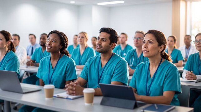 A diverse group of medical professionals attentively listening to a presentation in a modern conference room