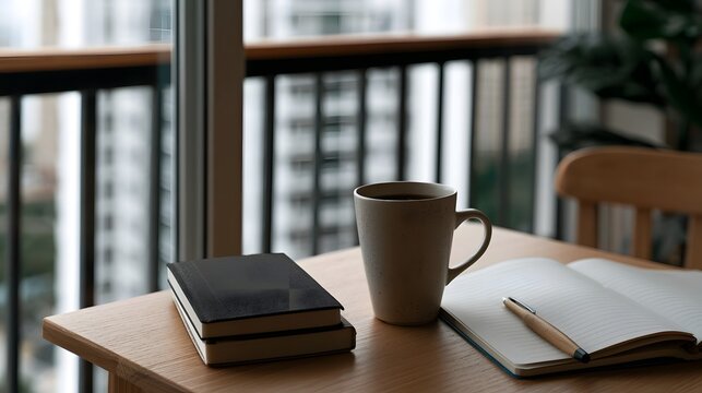 A wooden table holds a speckled mug  open notebook with pen  and stacked books beside a balcony railing