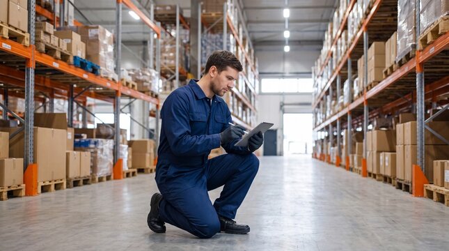 A warehouse worker in a blue uniform kneels on the floor, checking inventory on a tablet amidst rows of shelved boxes and pallets.