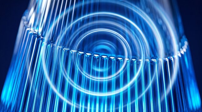 A futuristic blue light installation with concentric circles and vertical lines