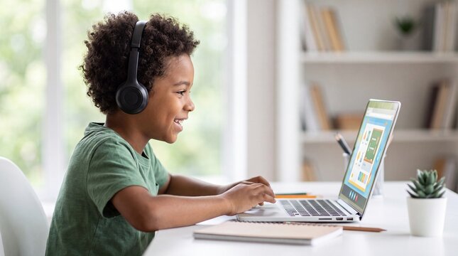 A young boy wearing headphones and using a laptop on a white desk in a bright room