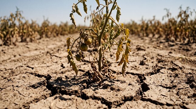 A withered tomato plant stands in a parched and cracked earth field under a clear blue sky.