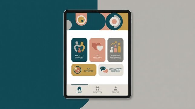 Tablet screen shows a digital interface with fertility benefits options for employee support and family planning resources.