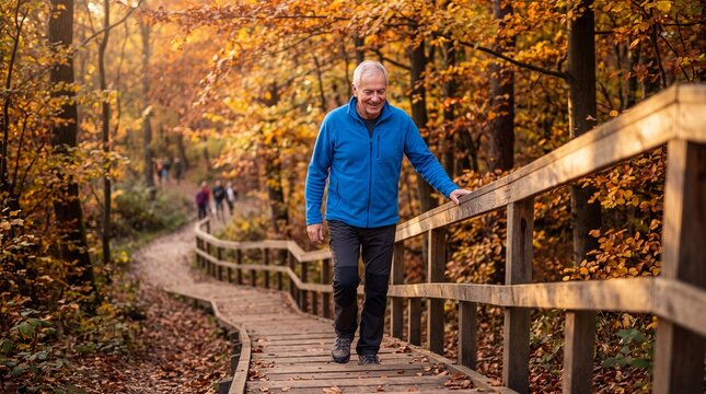A smiling senior man walking on a wooden boardwalk through a vibrant autumn forest with yellow and orange leaves