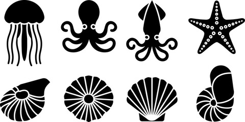 Black silhouettes of various sea creatures and shells on white background © SAYEDAJANNATUL