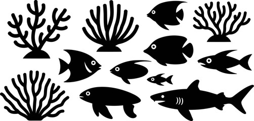 Black silhouettes of various fish and coral reefs on white background © SAYEDAJANNATUL