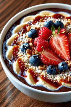 pfoto of a Bowl of acai with granola and fruits, superfood, clean eating, bright colors