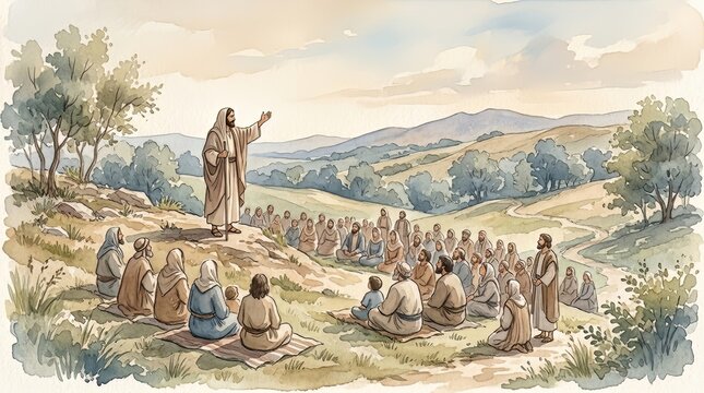 Jesus Christ delivering the Sermon on the Mount to a large crowd of disciples and followers in a watercolor painting, depicting a biblical scene with rolling hills and trees