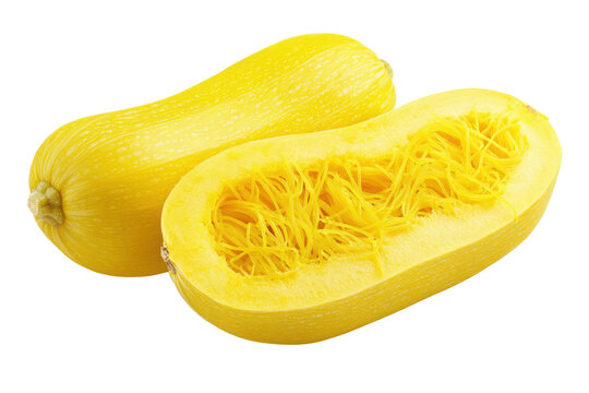 Whole and halved bright yellow spaghetti squash with fibrous seed cavity on black background vegetable