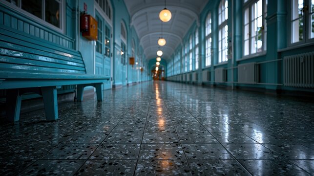 Empty school hallway with blue bench, polished tile floor, tall windows, and hanging lights in a historic building interior.