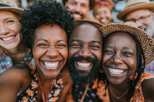 Diverse friends smile for a group selfie at an outdoor gathering, showing close friendship, laughter, and summer celebration with hats and casual clothes.