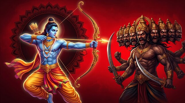 Lord Rama aiming golden bow at demon king Ravana illustration representing victory of good over evil for festive Dussehra background design