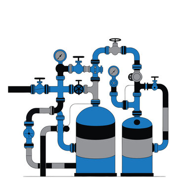 Industrial Water Filtration System Vector Illustration &ndash; Pipeline, Pressure Tanks, Valves and Gauge Equipment Diagram
