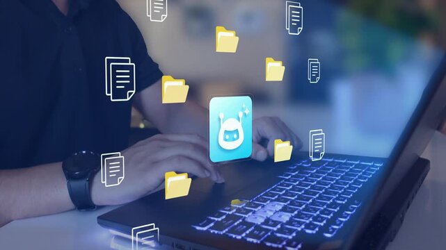 AI document management concept. Artificial intelligence and digital file icons, smart document organization, automated workflow and information management. 