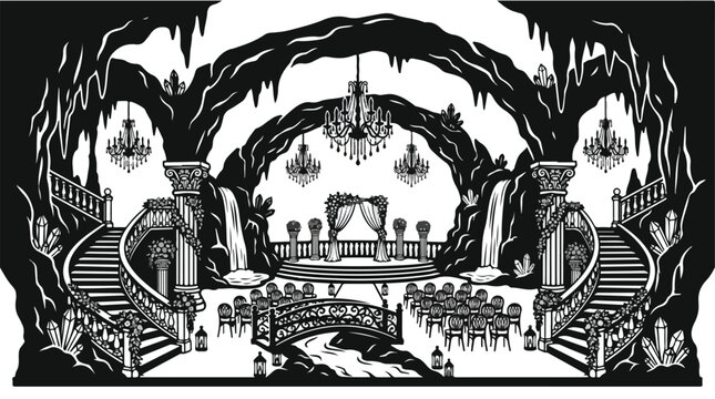 Gothic wedding venue in a crystal cave, underground cavern ballroom with chandeliers and waterfalls, dark fantasy wedding ceremony vector