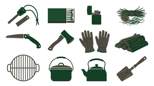 Camping and outdoor tools set including saw axe gloves kettle grill matches and firewood for adventure and survival activities