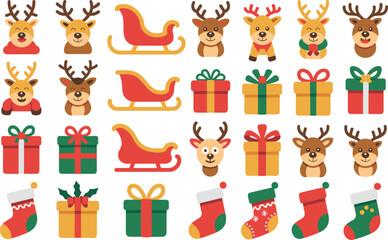Fototapeta premium Christmas characters flat design vector icons collection with reindeer head sleigh gift box