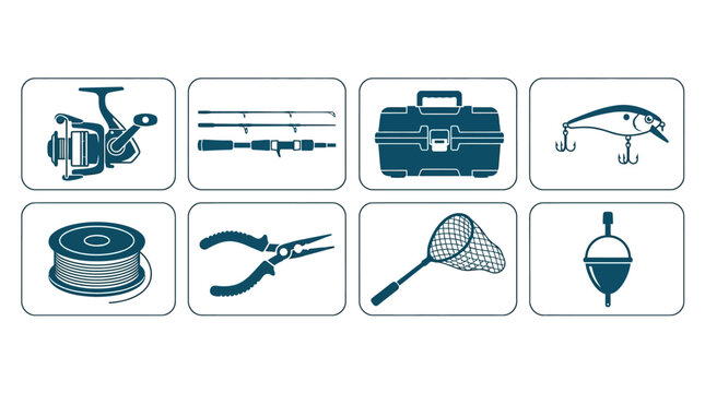 Fishing gear and accessories set with rods, reel, tacklebox, lure, spool, pliers, net, float, and sinker for outdoor aquatic activity